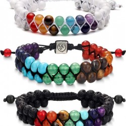 3 Pcs 7 Chakra Bracelet Womens Reiki Stone Rope Braided Bracelet Gemstone Beads Bracelet Crystal Stone Lava Stone Bracelet Diffuser Bracelets For Yoga Meditation